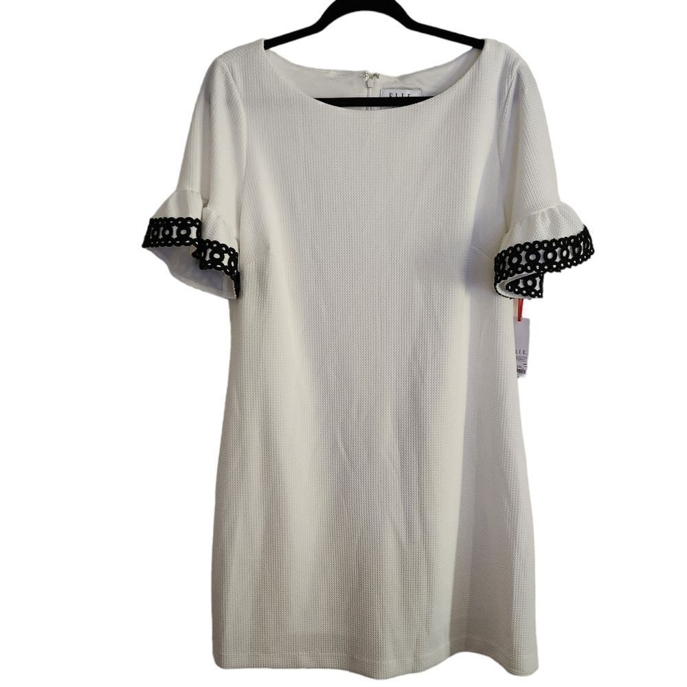 Elle Textured Embroidered Lace Ruffle Sleeve Ivory White Sheath Dress Size Large